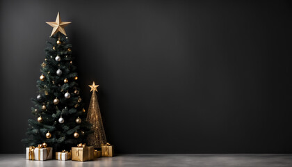 Minimalist white and gold Christmas trees with gift boxes on the floor on dark grey background. Copy space on the right side. Suitable for Christmas greeting, placing text, marketing, and branding.