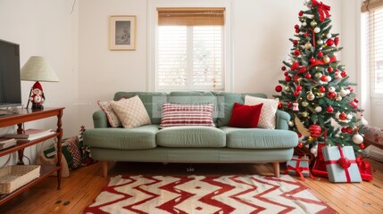 Cozy Living Room with Stylish Green Sofa, Decorative Christmas Tree, Soft Pillows, and Holiday Ornaments, Perfect for Celebrating the Festive Season