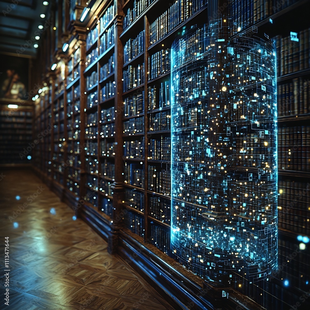 Poster innovative digital library floating interactive books revealing solutions to global challenges