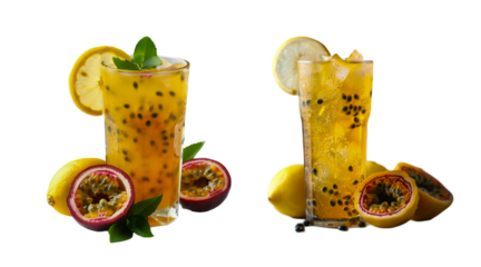 Passion fruit juice on white background