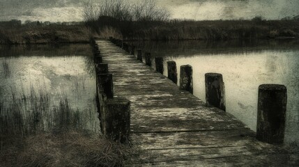 Obraz premium Old Wooden Dock Extends Over Still Water