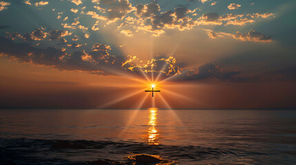 Sunrise over the Sea with a Cross