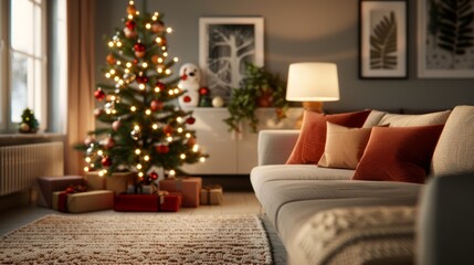 Cozy Living Room Decorated for Christmas with a Beautifully Lit Tree, Snowman Figurine, Festive Ornaments, and Warm Ambiance Creating a Joyful Holiday Atmosphere
