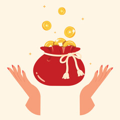 Hand holding a bag with gold. Collection for Chinese new year celebration.