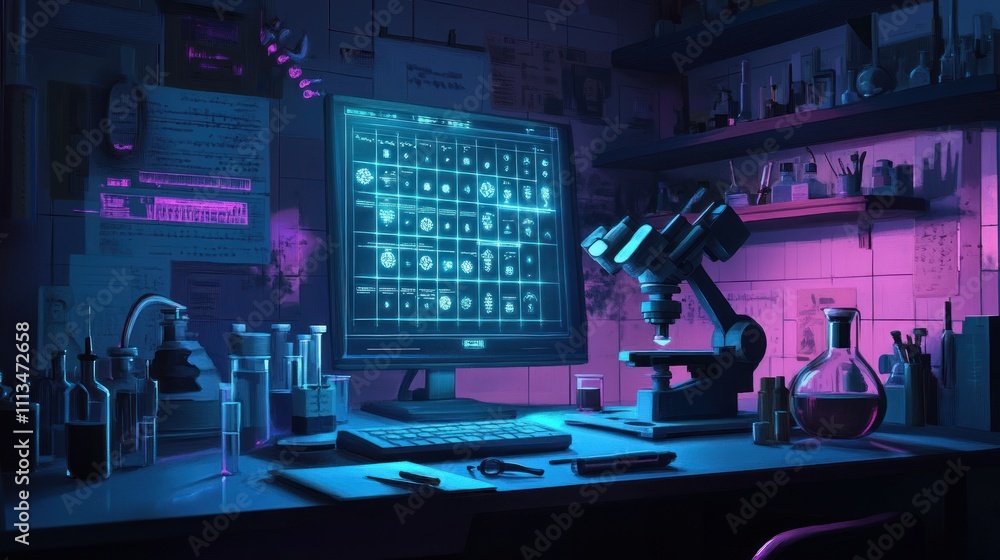 Poster neon lit laboratory workstation with microscope and computer