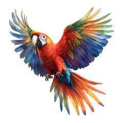 Obraz premium Scarlet macaw parrot in flight with vibrant rainbow-colored wings, red body, and exotic feathers, isolated on transparent background, png
