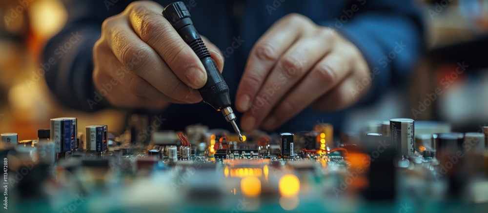 Poster closeup of hands soldering a circuit board with a soldering iron.
