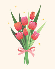 Bouquet of tulips with pink ribbon. Give bouquet of tulip flower concept.