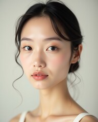 Fototapeta premium Close-up of a Japanese woman with radiant glowing skin, soft natural makeup, and minimalist hairstyle, perfect for skincare and beauty product promotion.
