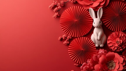 Obraz premium Lunar New Year A rabbit is sitting in a red background with red paper fans