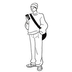 携帯、男性、全身、若い線画