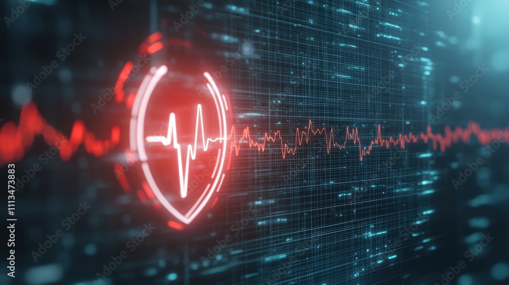 Poster digital sci-fi inspired health alert with heartbeat visualization and data background
