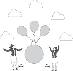 Problem solving, tax, monetary policy or government policy to help solve debt problems, exchange rates, interest rates, inflation, isometric A bunch of red balloons tied to a giant iron ball flying in