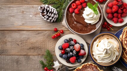 Fototapeta premium Assorted Delicious Desserts Featuring Chocolate Pudding, Fresh Berries, Whipped Cream, and Festive Decorations on Rustic Wooden Table