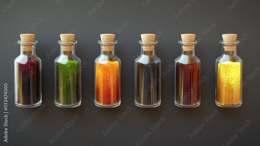Poster magic potion bottle animation with spill vector. fantasy witch glass elixir icon set. full and empty