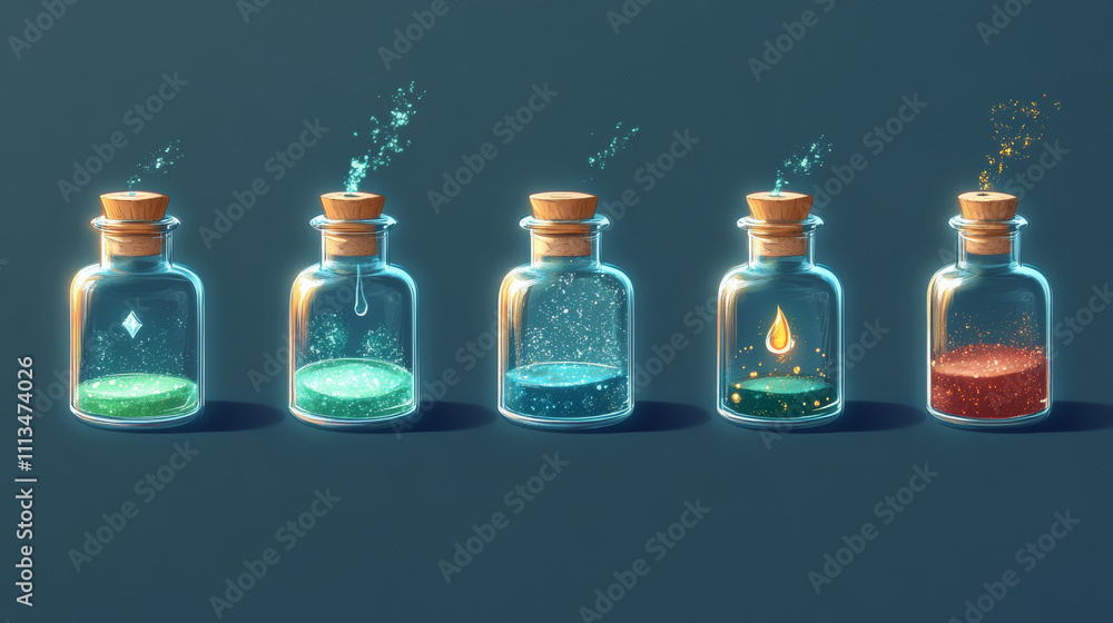 Poster magic potion bottle animation with spill vector. fantasy witch glass elixir icon set. full and empty