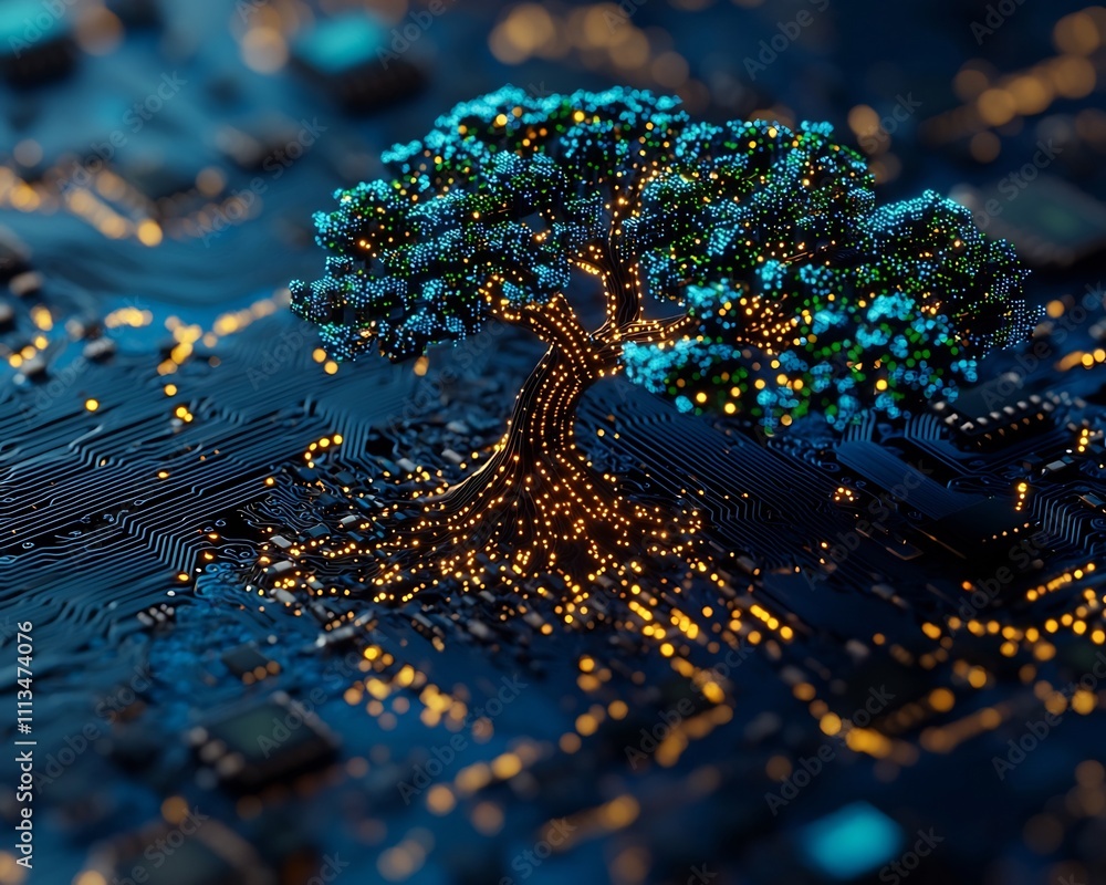Aufkleber metallic tree with glowing microchip leaves symbolizing technology and nature connection