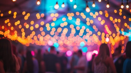 Warm and Colorful Bokeh Lights Create a Vibrant Atmosphere at a Festive Outdoor Event with People Enjoying the Celebration Understrung Fairy Lights