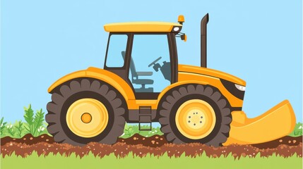 Fototapeta premium Cartoon Style Yellow Tractor with Plow Attachment in a Sunlit Field Creating Furrows for Agricultural Activities and Farming Tasks