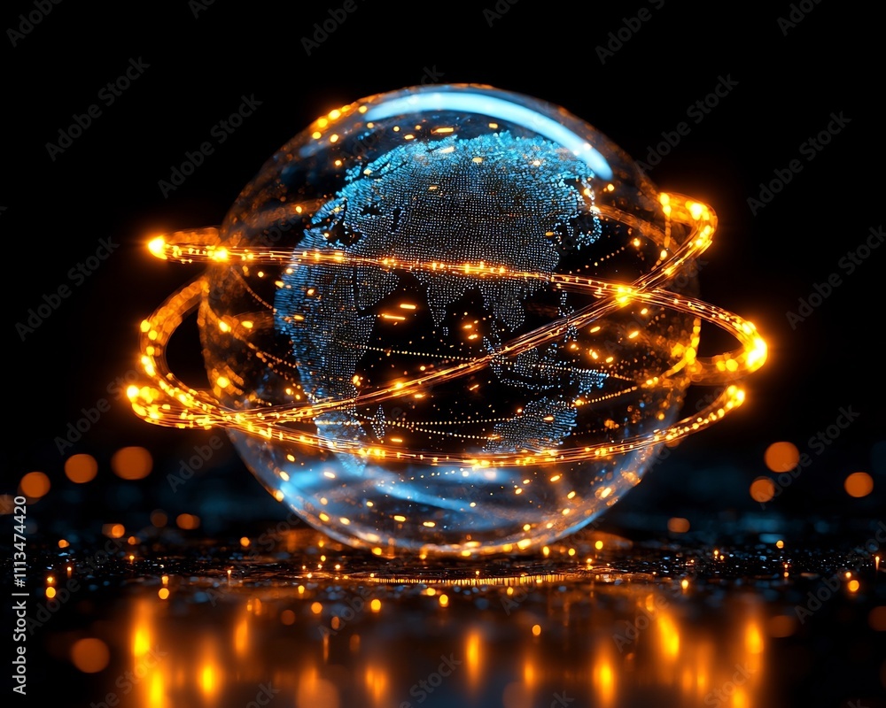 Poster glowing global interconnectivity visualizing a digitally networked world