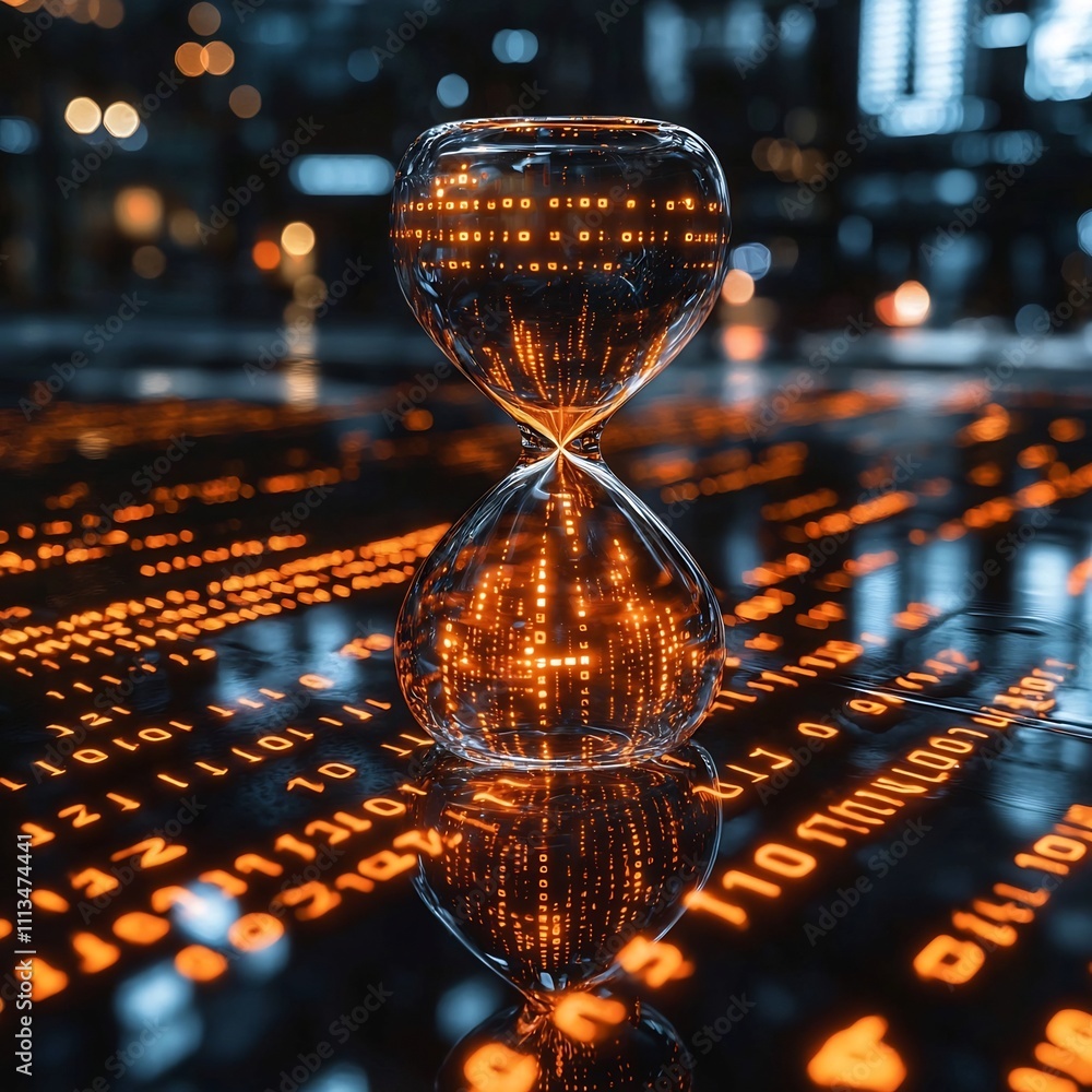 Poster digital hourglass with flowing binary code symbolizing technological innovation and time urgency