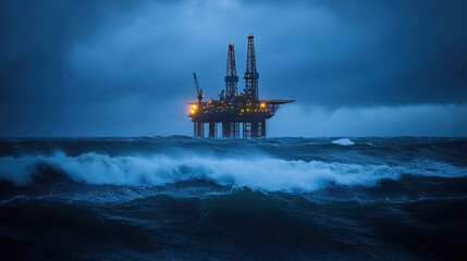 Night view of an offshore oil rig illuminated on calm water with a dark sky backdrop