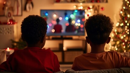 Fototapeta premium Two Young Boys Watching Television Together in Cozy Living Room Decorated for Christmas with Soft Glowing Lights and a Cheerful Holiday Atmosphere
