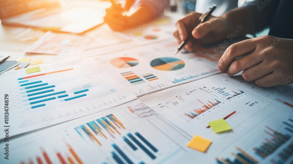 Poster close-up of hands analyzing business graphs and charts on multiple documents spread across a desk.