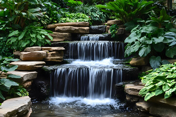 Naklejka premium Gentle waterfalls flow over rocks, creating a peaceful oasis of vibrant plants and tranquility