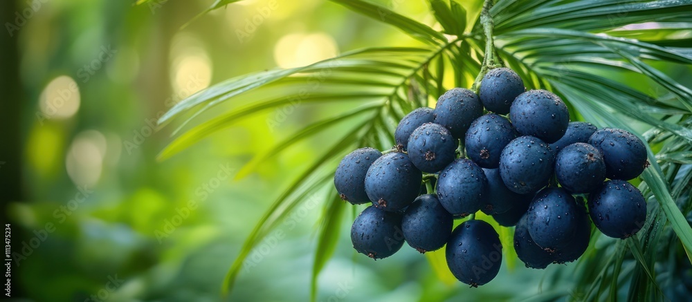 Poster close-up of a cluster of dark blue berries hanging from a branch with green leaves in a blurred back