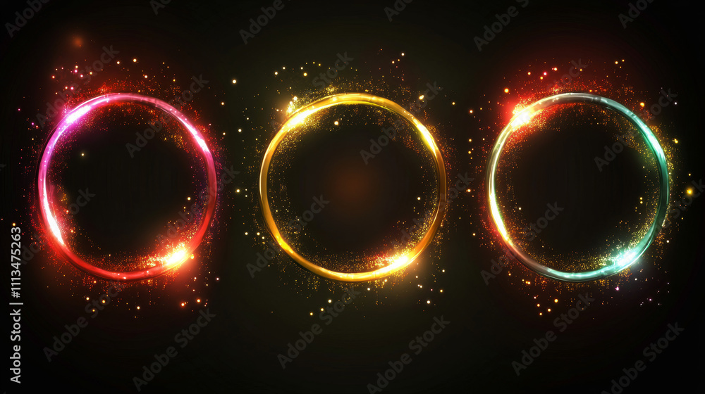 Poster realistic set of color light circles with magic flare effect isolated on transparent background. vec