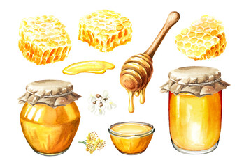 Sweet honey set, fresh raw honeycomb with glass jar and wooden dipper.  Watercolor hand drawn illustration isolated on white background