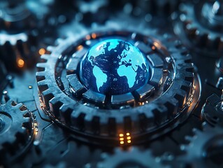 Holographic Globe Surrounded by Glowing Gears Symbolizing Technology s Role in Driving Global Progress