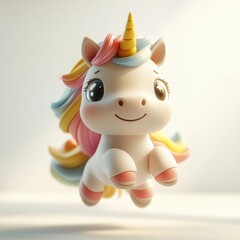 Adorable Rainbow Unicorn: A charming 3D-rendered illustration of a whimsical unicorn, showcasing pastel rainbow mane and tail, floating against a soft background. Perfect for children's books.