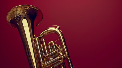 A tuba positioned against a rich burgundy backdrop