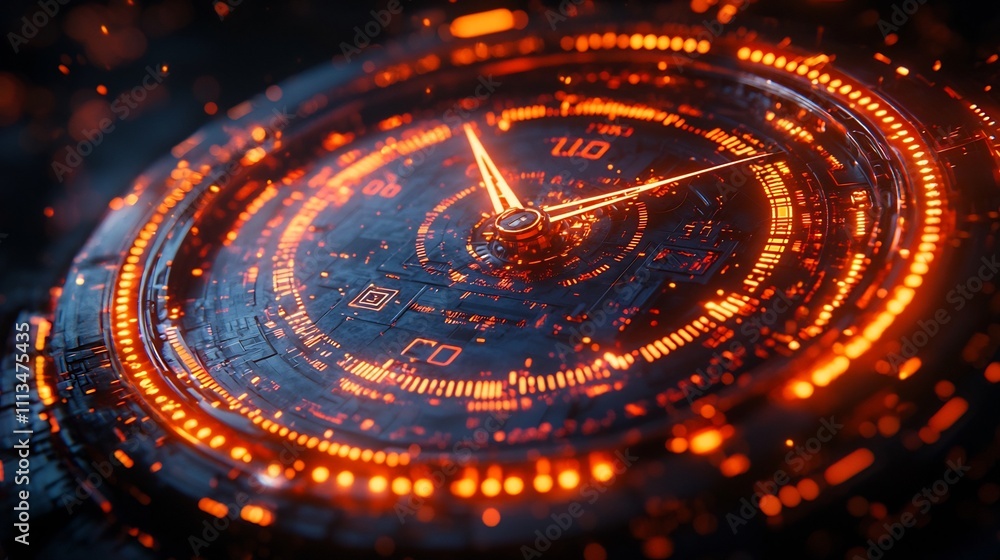 Poster futuristic glowing binary clock symbolizing accelerating technology in modern world