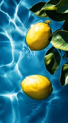 Lemons floating on bright blue water with reflections of sunlight. Bright lemons and clear blue water evoke a feeling of freshness and enjoyment in summer days. Summer concept, copy space.