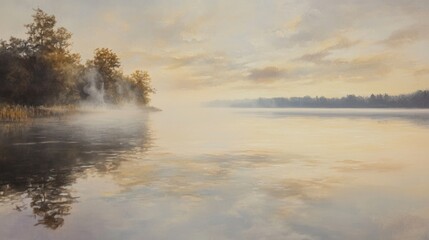 Fototapeta premium Serene sunrise over calm lake with mist, reflecting trees and sky.