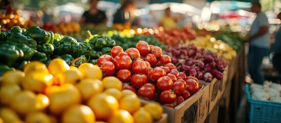 Fresh produce at a farmers market, including tomatoes, lemons, peppers, and onions.