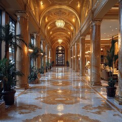Obraz premium Elegant hallway with marble flooring and ornate columns, illuminated by chandeliers.