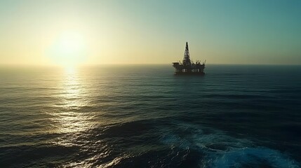 Obraz premium Oil drilling platform standing tall in the vast ocean, symbolizing human innovation and the quest for energy amidst nature's vastness.