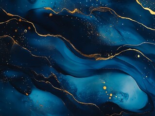 Abstract blue and gold fluid art design featuring flowing lines and shimmering accents creating a luxurious and elegant artistic composition for modern decor.