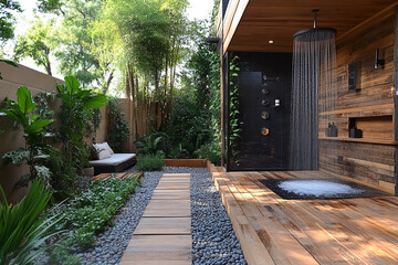 Fototapeta premium Serene Outdoor Shower with Garden Path and Seating Area