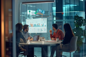 A diverse group of professionals collaborates at a conference table, using digital tools and charts to inspire teamwork and innovation in a contemporary office setting.