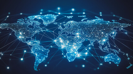 abstract business connection of line from nail node to node on world map background Innovation network points Earth's surface