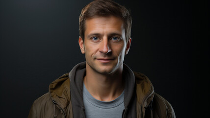 Man in his 40s with handsome face, average physique, slightly smiling without teeth visible, dark eyes, and a relaxed outfit in a t-shirt and jacket. Dark background