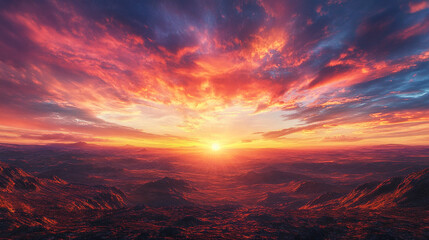 Fototapeta premium A breathtaking sunset casts vibrant hues over a sprawling mountainous landscape, creating a dramatic and colorful sky. Perfect depiction of nature's beauty and tranquility.