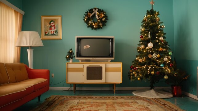 Retro Living Room Decor with Vintage Television, Festive Christmas Tree, and Holiday Decorations in a Cozy, Cheerful Atmosphere for Nostalgic Home Vibes