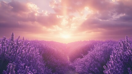 Obraz premium Lavender Field at Sunset with Soft Pink Clouds