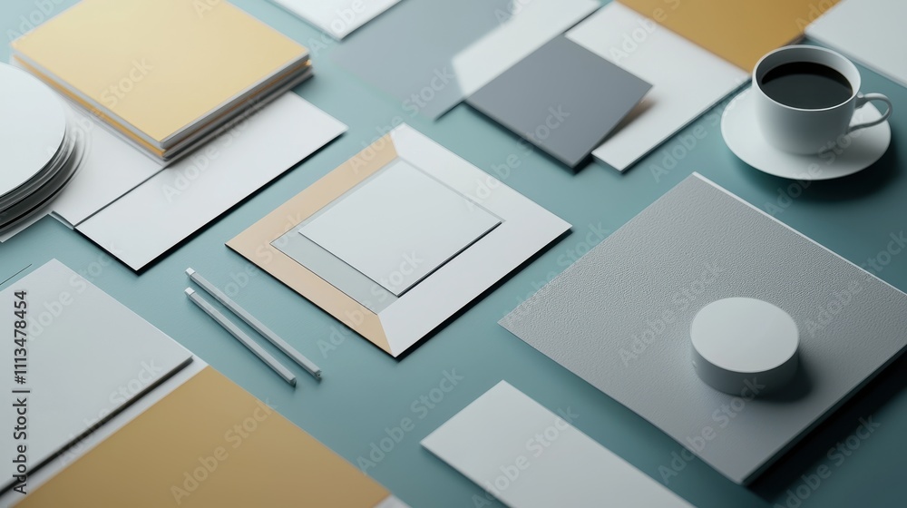 Poster modern interactive digital mockup presentation layout with papers and coffee cup